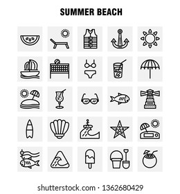 Beach Line Icon Pack For Designers And Developers. Icons Of Fish, Sea, Star, Starfish, Coconut, Fruit, Tropical, Beach, Vector