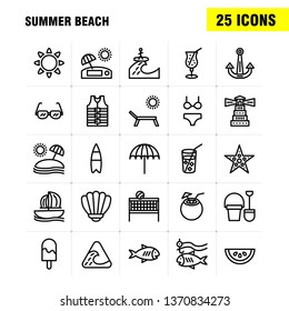 Beach Line Icon Pack For Designers And Developers. Icons Of Fish, Sea, Star, Starfish, Coconut, Fruit, Tropical, Beach, Vector