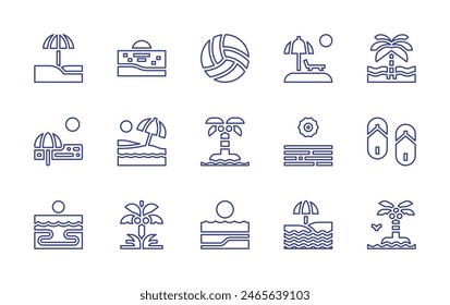 Beach line icon set. Editable stroke. Vector illustration. Containing flipflops, volleyball, beach, island, coconuttree.