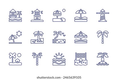 Beach line icon set. Editable stroke. Vector illustration. Containing sea, beachhouse, beachumbrella, beachvolleyball, beach, palmtree, island, makapulighthouse, lighthouse.