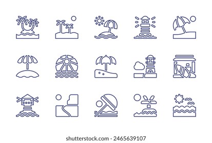 Beach line icon set. Editable stroke. Vector illustration. Containing beach, stall, sea, beachball, sunumbrella, lighthouse, island.