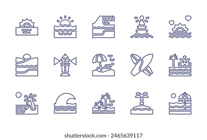 Beach line icon set. Editable stroke. Vector illustration. Containing beach, sea, sunset, surfing, island, wave, buoy, lighthouse.