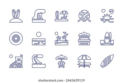 Strandlinie Symbol gesetzt. Bearbeitbarer Strich. Vektorillustration. Mit Rettungsschwimmer, Sonnenschirm, Beachvolleyball, Strand, Sonnenuntergang, Welle, Surfen, Surfen, Sonnenliege, Bar, Surfbrett.
