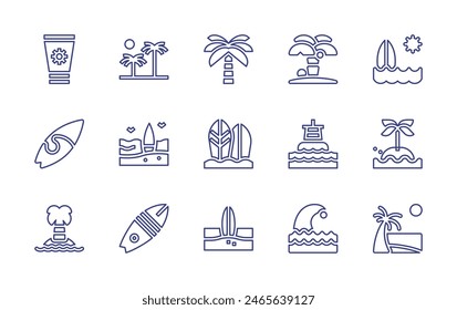 Beach line icon set. Editable stroke. Vector illustration. Containing palmtrees, beach, palmtree, surfingboard, surfboard, island, suncream, wave, buoy, surf.