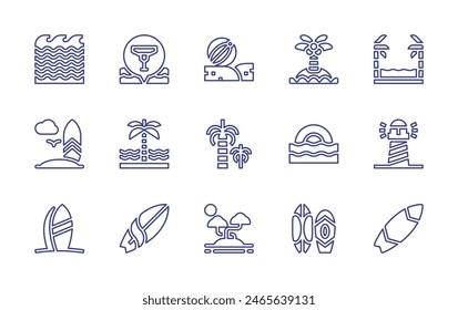 Beach line icon set. Editable stroke. Vector illustration. Containing beachball, beach, surfingboard, surfboard, surfing, island, location, seawaves, sunset, ocean, surf, lighthouse, palmtree.