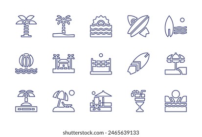 Beach line icon set. Editable stroke. Vector illustration. Containing sunbed, beachhouse, beachvolleyball, beachumbrella, beach, sexonthebeach, ball, surfboard, surf, sunrise, palmtree, palm, island.