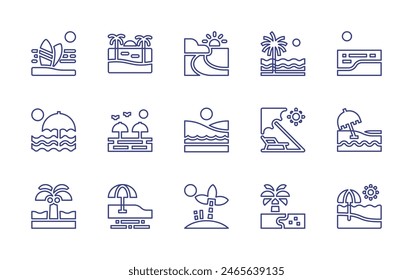 Beach line icon set. Editable stroke. Vector illustration. Containing flipflops, beachtowel, beachball, beach, sunset, sunumbrella, wave, hammock, lounger, sun, coconuttree, palmtree.