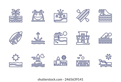 Conjunto de iconos de línea de playa. Trazo editable. Ilustración vectorial. Conteniendo playa, atardecer, amanecer, océano, ola, tabla de surf, paddleboarding, palmera, hamaca, mar, sol, socorrista, tumbona.