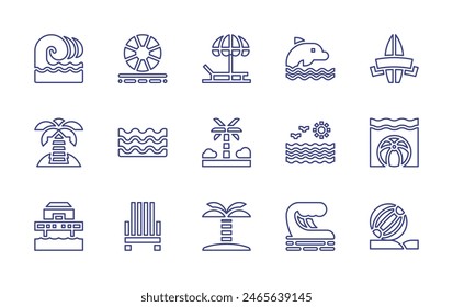 Beach line icon set. Editable stroke. Vector illustration. Containing sea, beachball, beachchair, beach, sunbed, wave, palmtree, stilthouse, island, dolphin, surf.