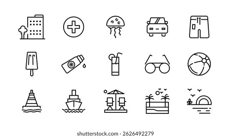 Beach line icon set. Travel, summer, vacation, surfboard, holiday, tourism, hotel, passport, maps, landscape, sea, tour, outline linear icon collection. Vector thin icon pack