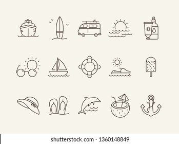 Beach line icon set. Yacht, surfboard, sea, sunset. Vacation concept. Can be used for topics like seaside, tropical resort, summer