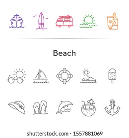 Beach line icon set. Yacht, surfboard, sea, sunset. Vacation concept. Can be used for topics like seaside, tropical resort, summer