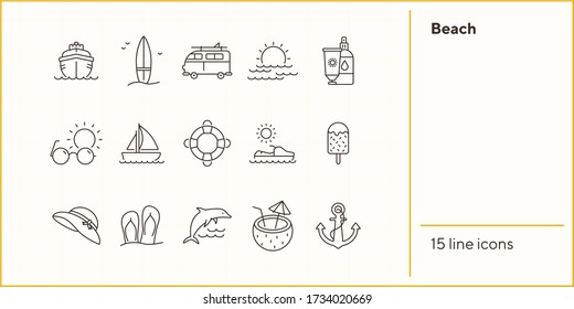 Beach line icon set. Yacht, surfboard, sea, sunset. Vacation concept. Can be used for topics like seaside, tropical resort, summer