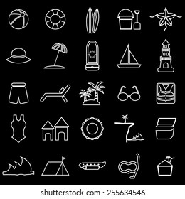 Beach line icons on black background, stock vector
