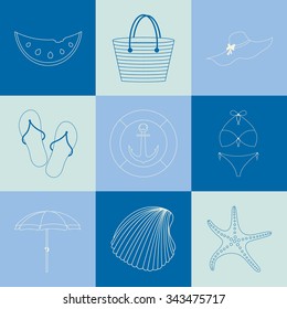 Beach line icons set made in trendy linear style on multicoloured background. Outlined vacation attributes can be used for web and mobile applications. Vector illustration for your design.
