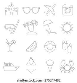 Beach line icons set. Summer holidays, travel and vacation symbols. Vector illustration.