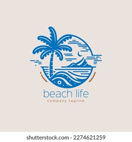 Beach line logo template. Vector illustration with palm tree and waves. Vintage monoline logo style