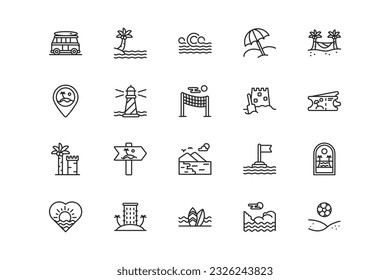 Beach lines icon set. Beach genres and attributes. Linear design. Lines with editable stroke. Isolated vector icons.