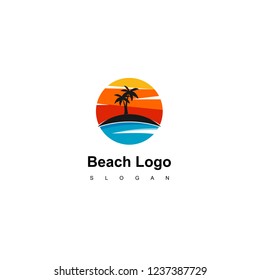 Beach Logo, Circle Land With Palm Tree Icon For Travel Agent