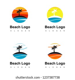 Beach Logo, Circle Land With Palm Tree Icon For Travel Agent