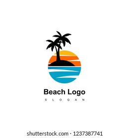 Beach Logo, Circle Land With Palm Tree Icon For Travel Agent