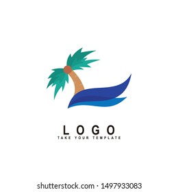 beach logo, coconut tree and wave design template