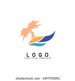 beach logo, coconut tree and wave design template