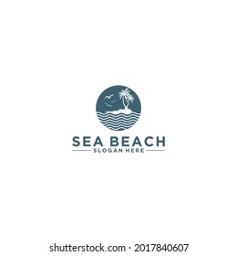 logotipo de la playa con cocoteros y aves voladoras sobre fondo blanco