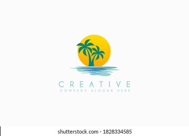 Beach logo design with coconut tree vector illustration. Beach holiday flat logo isolated on white background