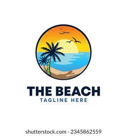 Beach logo design, landscape sunset, palm tree, ocean waves, nature 