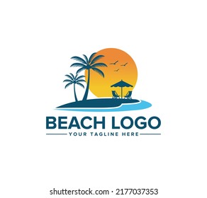 Diseño del logotipo de la playa sobre fondo blanco, ilustración del vector.