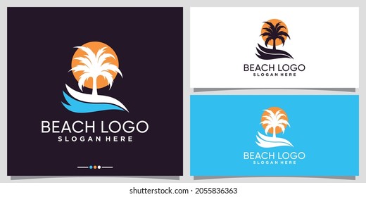 Beach logo design with palm tree and sun logo Premium Vector
