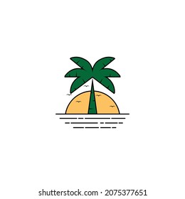 Beach logo design with palm tree, sea, and sunset.