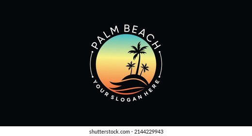 Beach logo design with palm tree and gradient style color Premium Vector