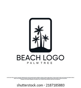 Beach logo design with palm tree and gradient style color Premium Vector