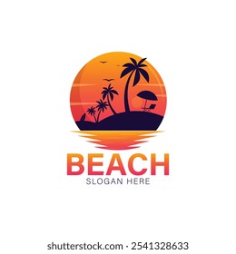 Design de logotipo de praia com palmeiras, ondas oceânicas e pôr do sol - perfeito para férias, resort e temas tropicais