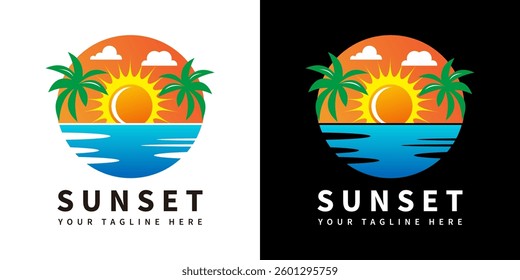 Beach logo design with palm trees and sunset over sea water, summer vibe. Vector illustration design