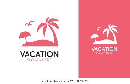 Beach logo design with relaxing concept. Beach umbrella, palm, and flying heron bird icon. Simple vacation vector illustration