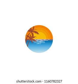 Beach logo design, beach stamp with two palm trees at sunset