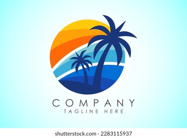 Diseño del logotipo de la playa. Sunset sunrise con el logo del mar de playa.