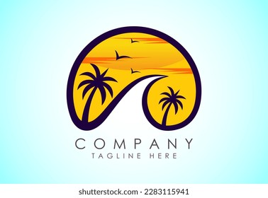Beach logo design. Sun sunset sunrise with beach ocean sea water logo icon.