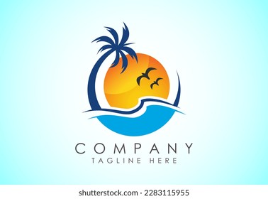 Beach logo design. Sun sunset sunrise with beach ocean sea water logo icon.