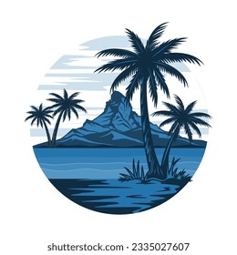 beach logo design. sunset, mountains, palm tree and beach.