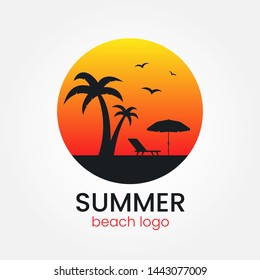 Beach logo design. Sunset and palm trees. Round logotype. Travel agency logo on white backdrop. Beach umbrella and sun lounger. Vacation concept. Vector illustration.