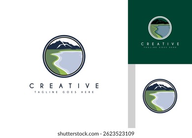 Beach logo design with sunset and palm tree