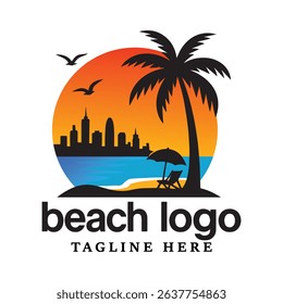 Beach Logo Design – Sunset, Palm Tree and City Skyline.