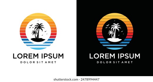beach logo design sunset sunrise palm vector illustration.	