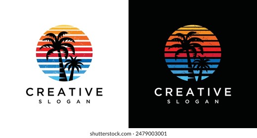 beach logo design sunset sunrise palm vector illustration.	