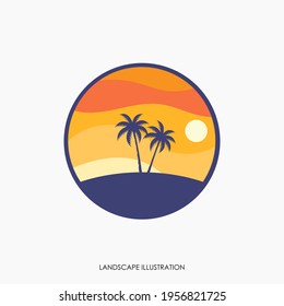 Beach logo design template, with sunset icon and coconut tree