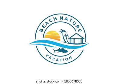 Beach logo design, vacation resort outdoor recreation trip adventure badge coconut tree wave element, fish icon.